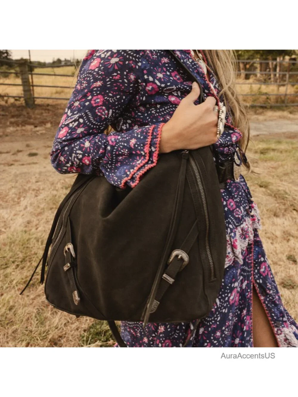 Faux Suede Large Hobo Shoulder Bag with Buckle Fringe Zipper Crossbody
